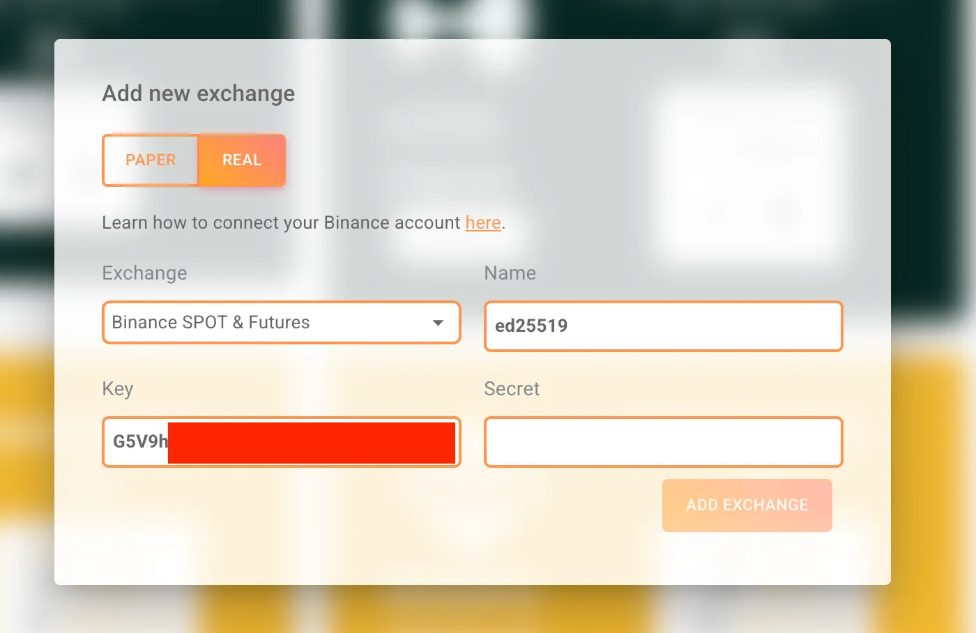 Enter Binance credentials in Gainium